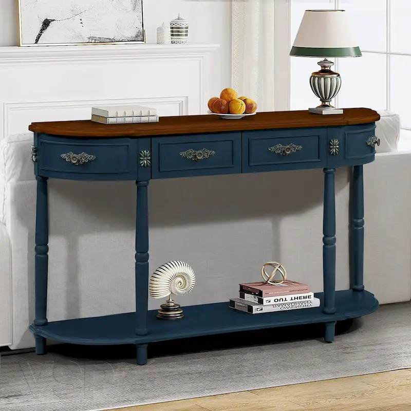 52 inch Circular Half Moon Sofa Table with Open Shelf and 2 Drawers