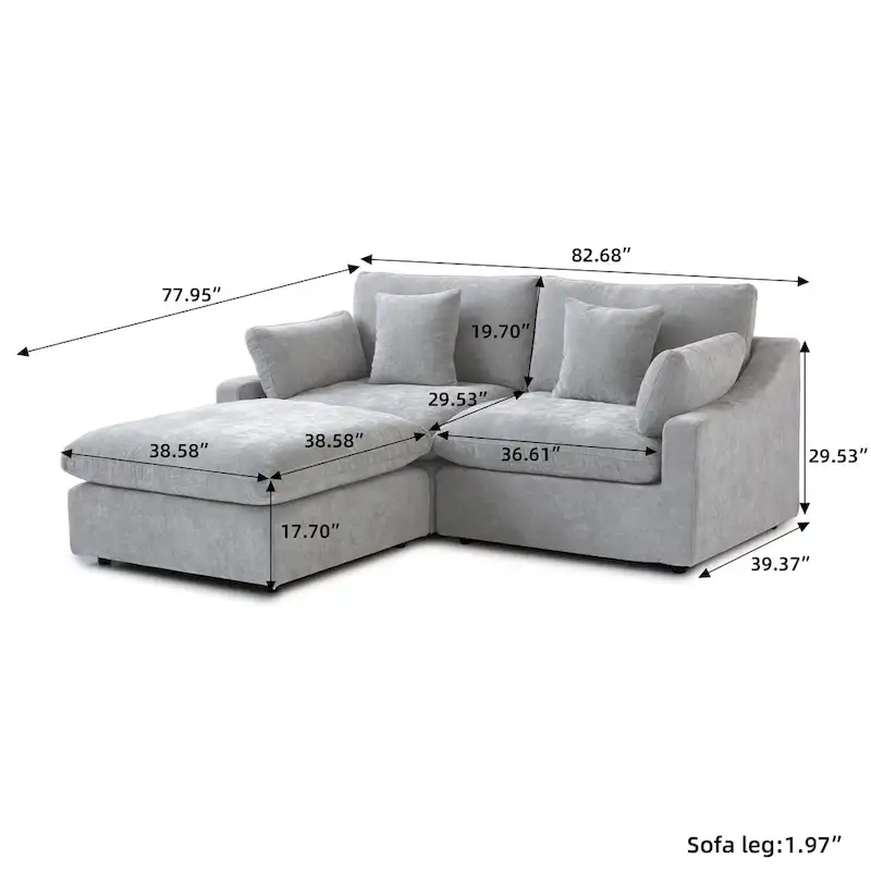82.68 Down Filled Sectional Couch L-shape Linen Upholstered Loveseat with Ottoman