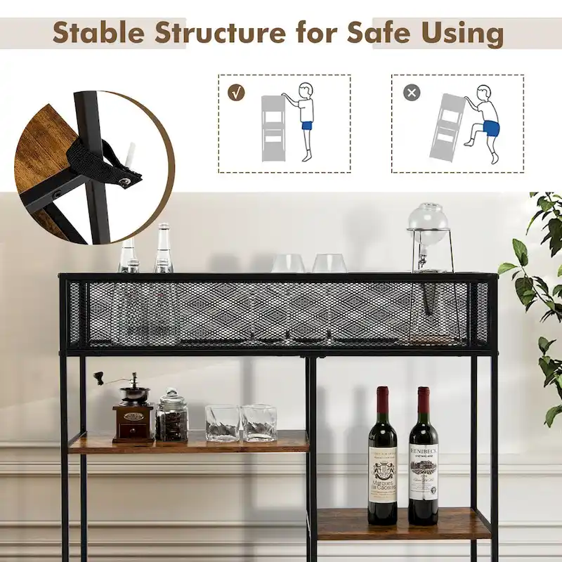 4-Tier Console Table w/ Wire Basket Narrow Sofa Table w/ shelf