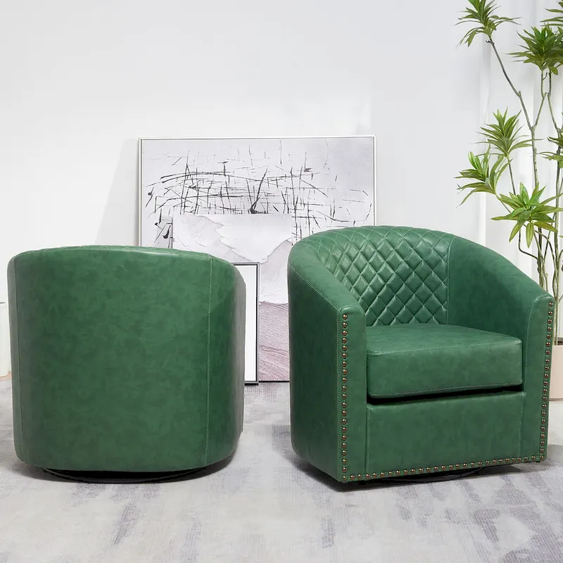 KINWELL 29 Wide Tufted PU Leather Swivel Barrel Chair (Set of 2)