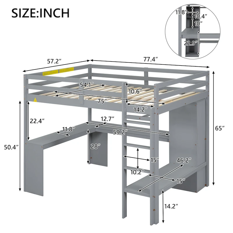 Full Size Loft Bed with L-shaped Desk, Wardrobe and Storage Shelves