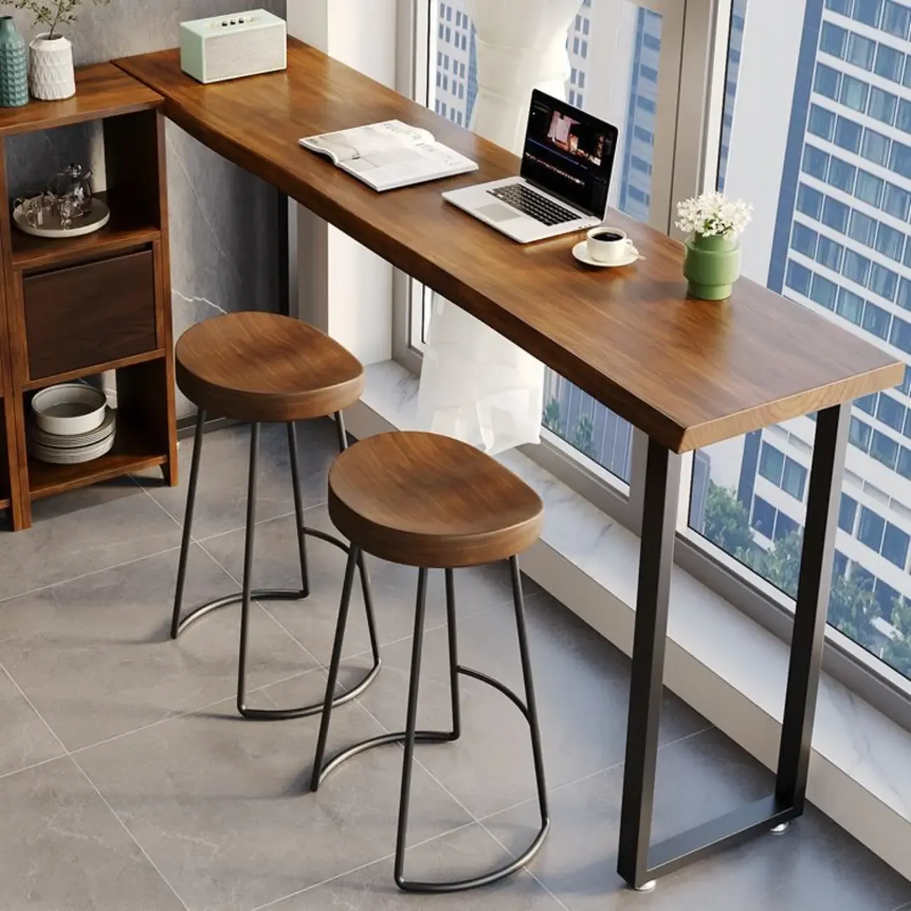 Modern Brown Wooden Top Rectangle Bar Table Metal Base