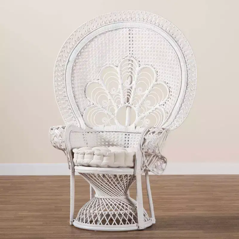 bali & pari Ediva Natural Rattan Peacock Accent Chair White: Upholstered Polyester, No Assembly Required