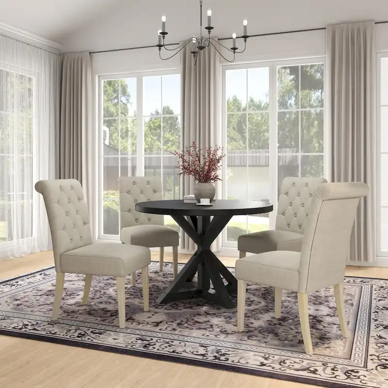 Roundhill Furniture Banff 5-Piece Round Dining Set, Cross-Buck Round Table with 4 Tufted Chairs