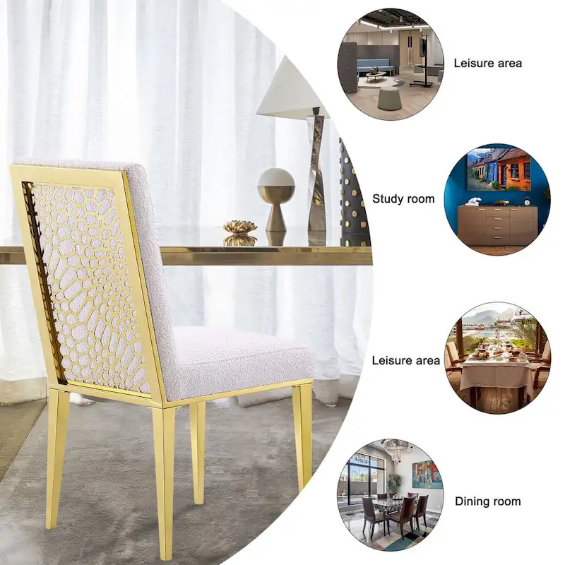 Luxurious White Boucle Dining Chairs with Polished Gold Metal Legs
