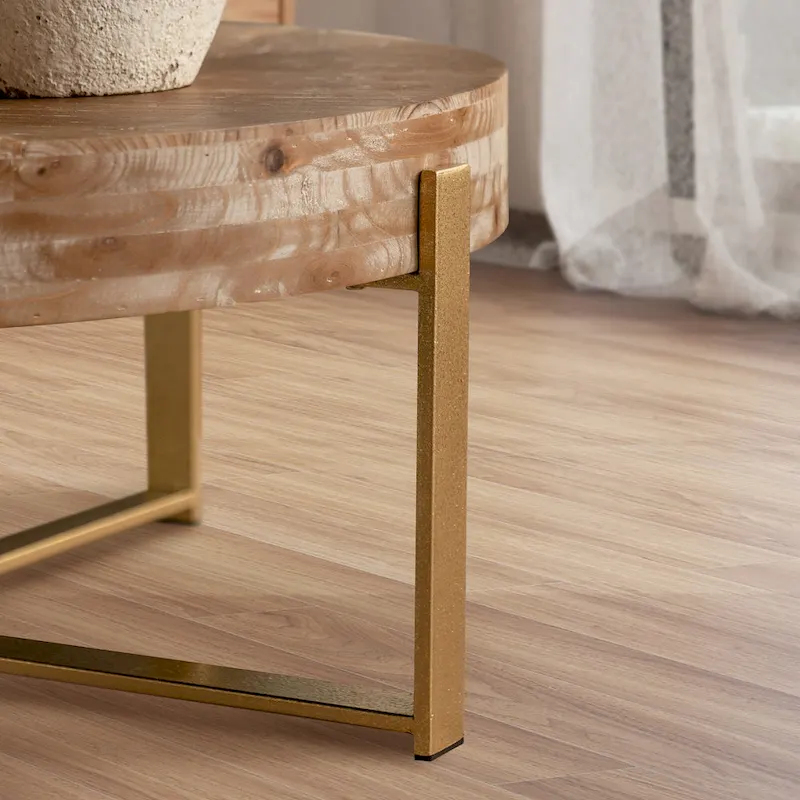 31 W Round Coffee Table With Fir Wood Table Top and Metal Frame End Table