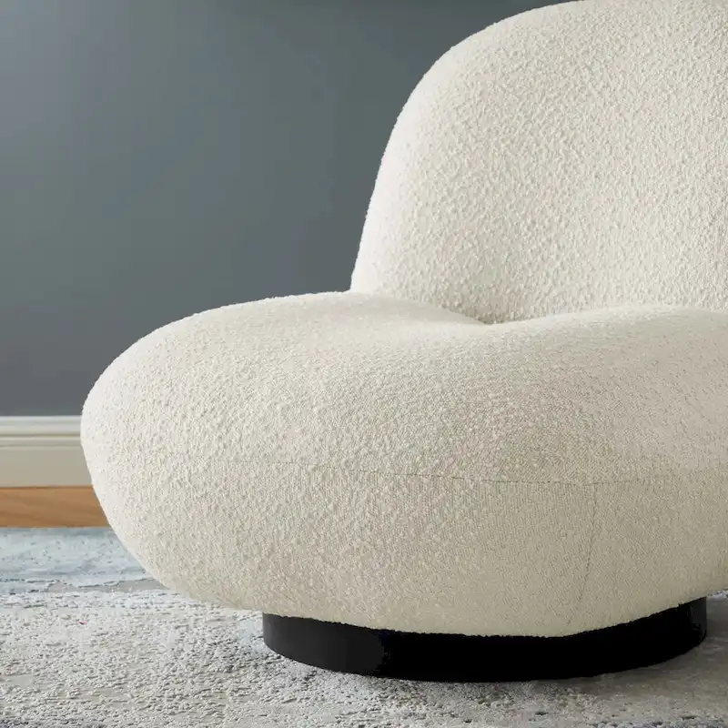 Beige Boucle Swivel Accent Chair with Black Base