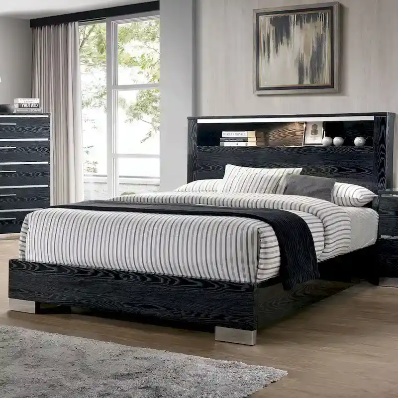 Carbon Loft Champs Wood Panel Bed with LED Storage Headboard