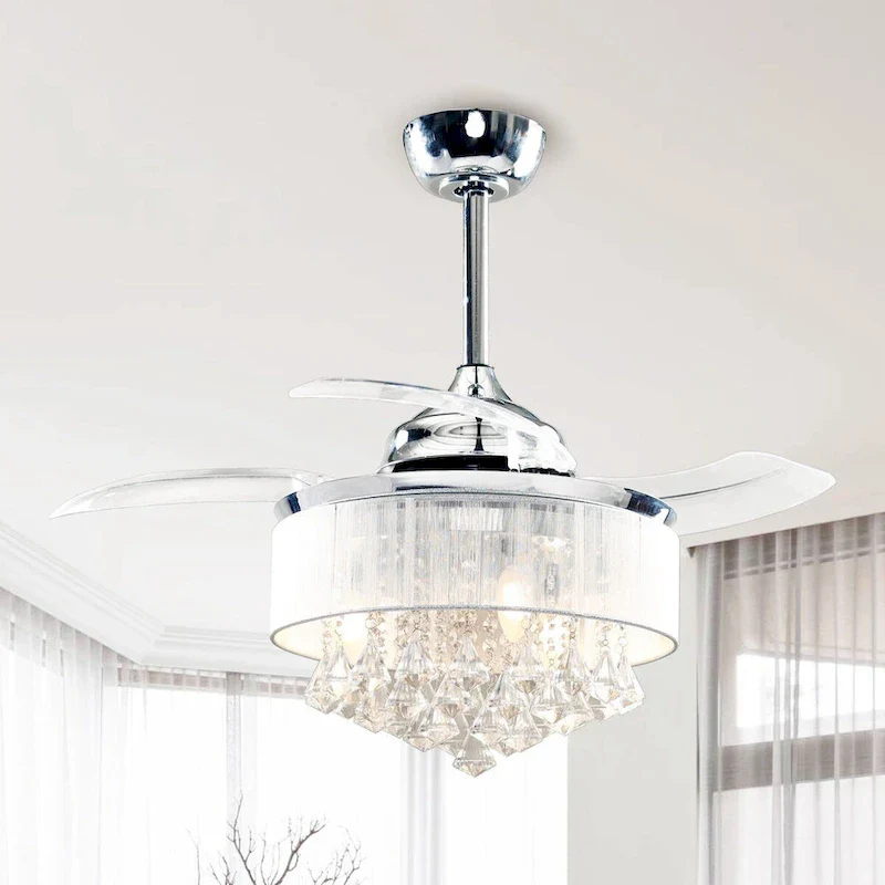 36-in Modern Chrome 3-Blades Crystal Retractable Chandelier Ceiling Fan with Remote and Light Kit - 36 Inches