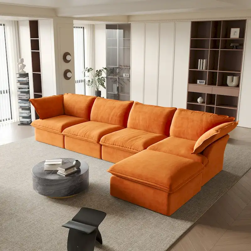 Modular Sectional Sofa Couch, 162.98 Velvet L-Shape Sofa with Ottoman