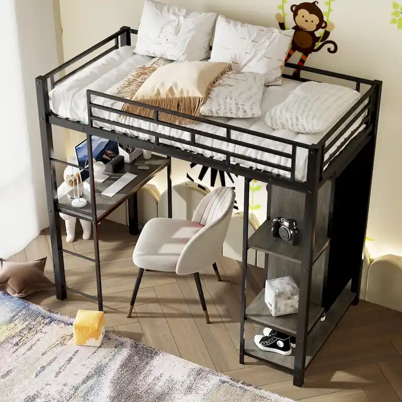 Twin Metal Loft Bed with Built-in Wardrobe & Desk