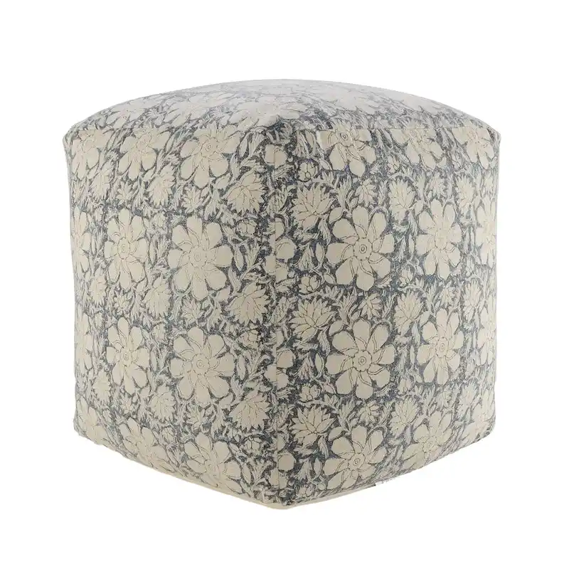 20 Navy Blue and White Floral Handmade Square Pouf Ottoman