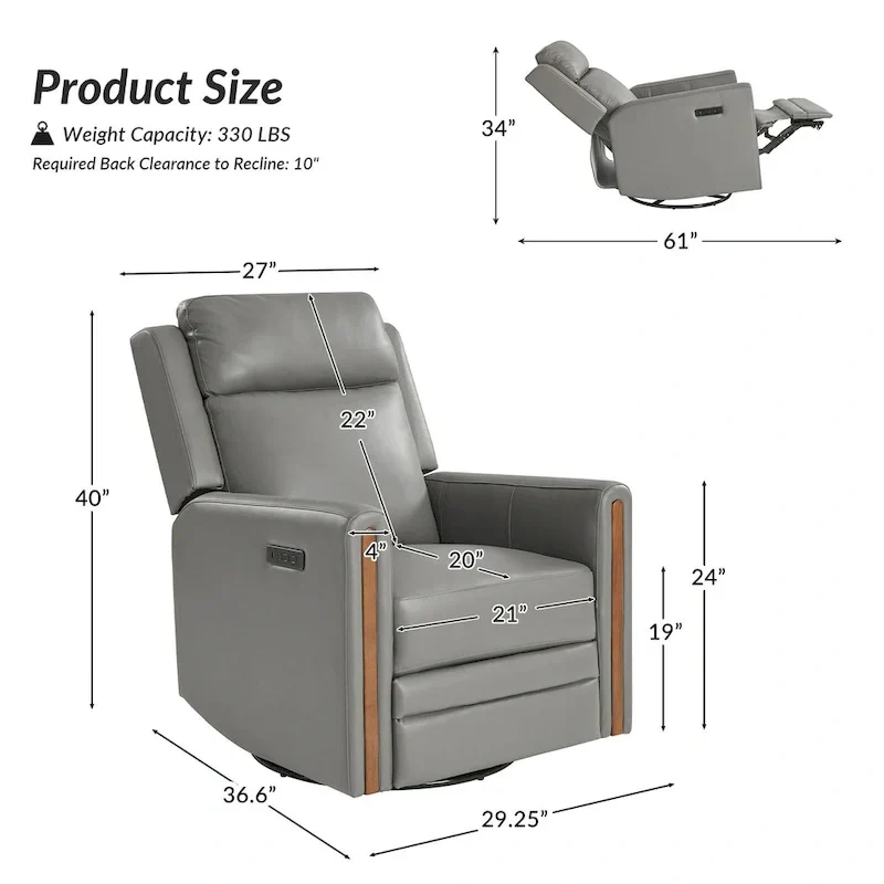 Jaime Modern Genuine Leather Power Rocking Swivel Recliner with Adjustable Headrest and Footrest Set of 2 by HULALA HOME