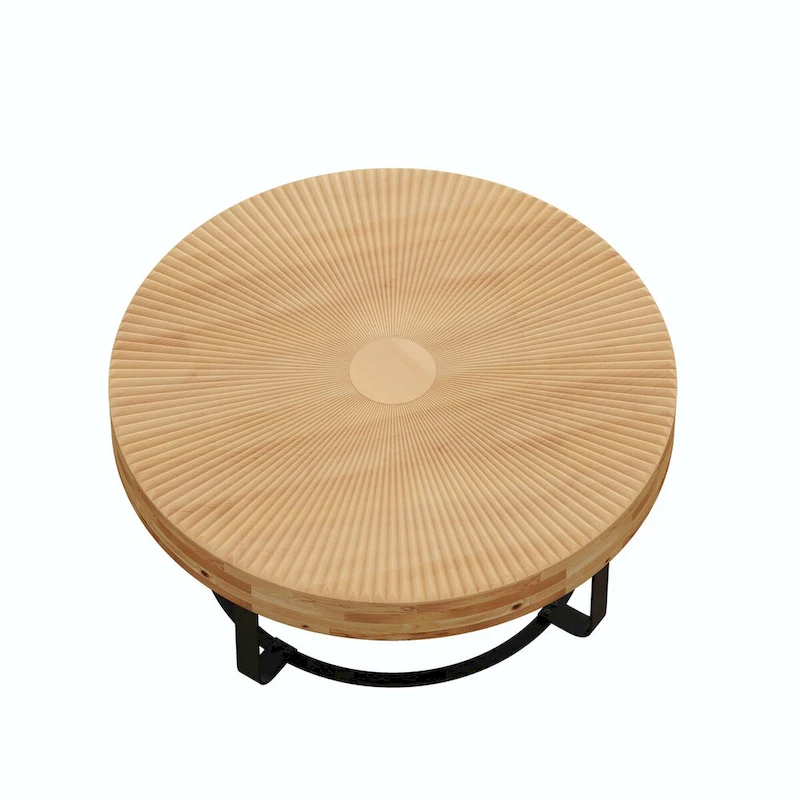 Modern Round Coffee Table with Wooden Carving Pattern and Metal Legs