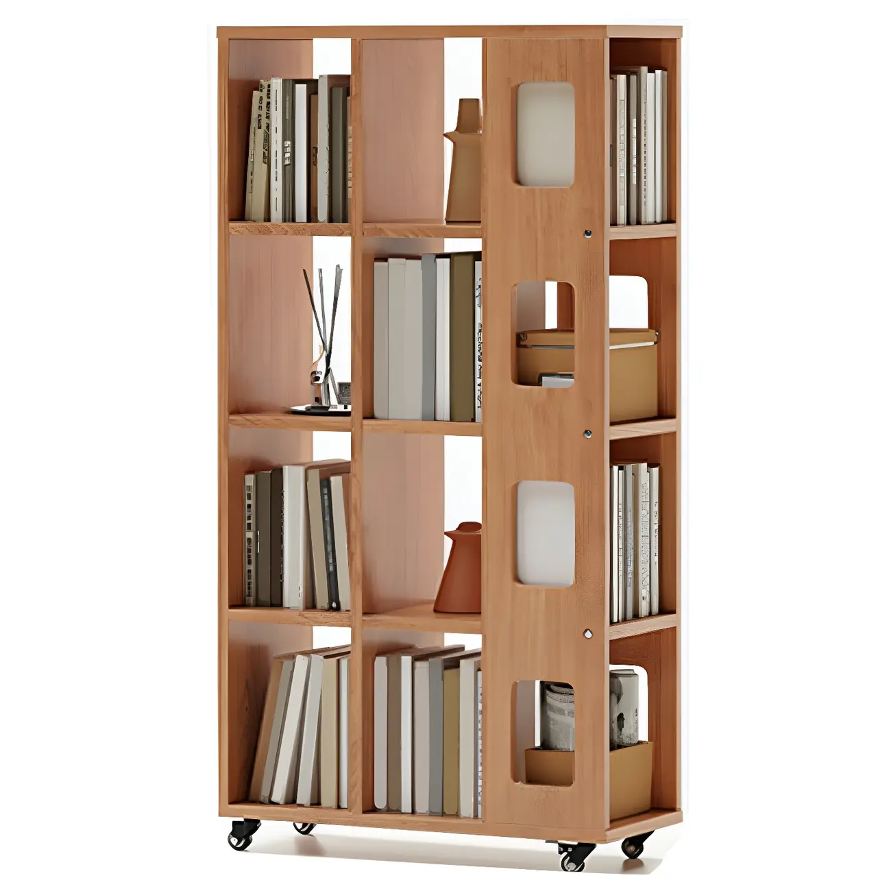 Mid-Century Nut-Brown Wood 5-Tier Bookcase on Wheels