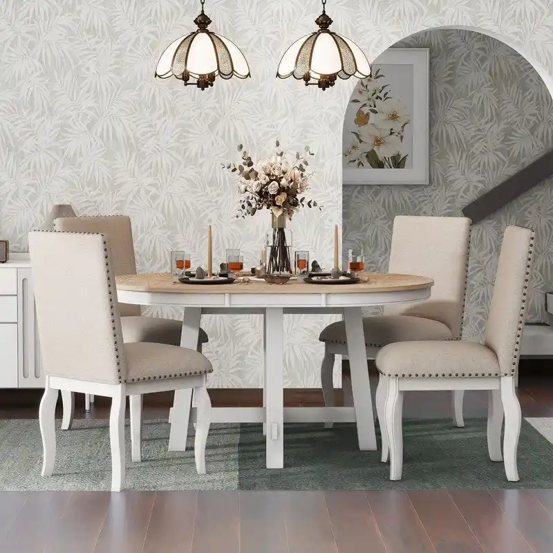Farmhouse Dining Table Set Wood Round Extendable Dining Table and 4 Upholstered Dining Chairs