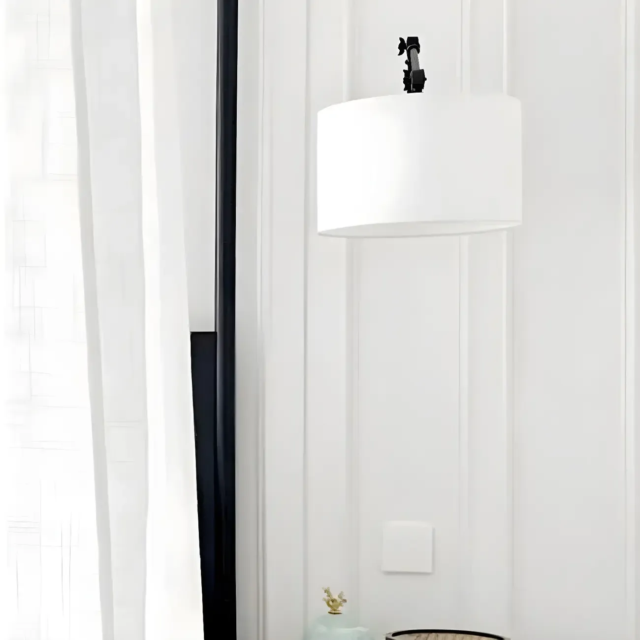 Black 1-Light Metal Swing Arm Wall Light with White Fabric Shade