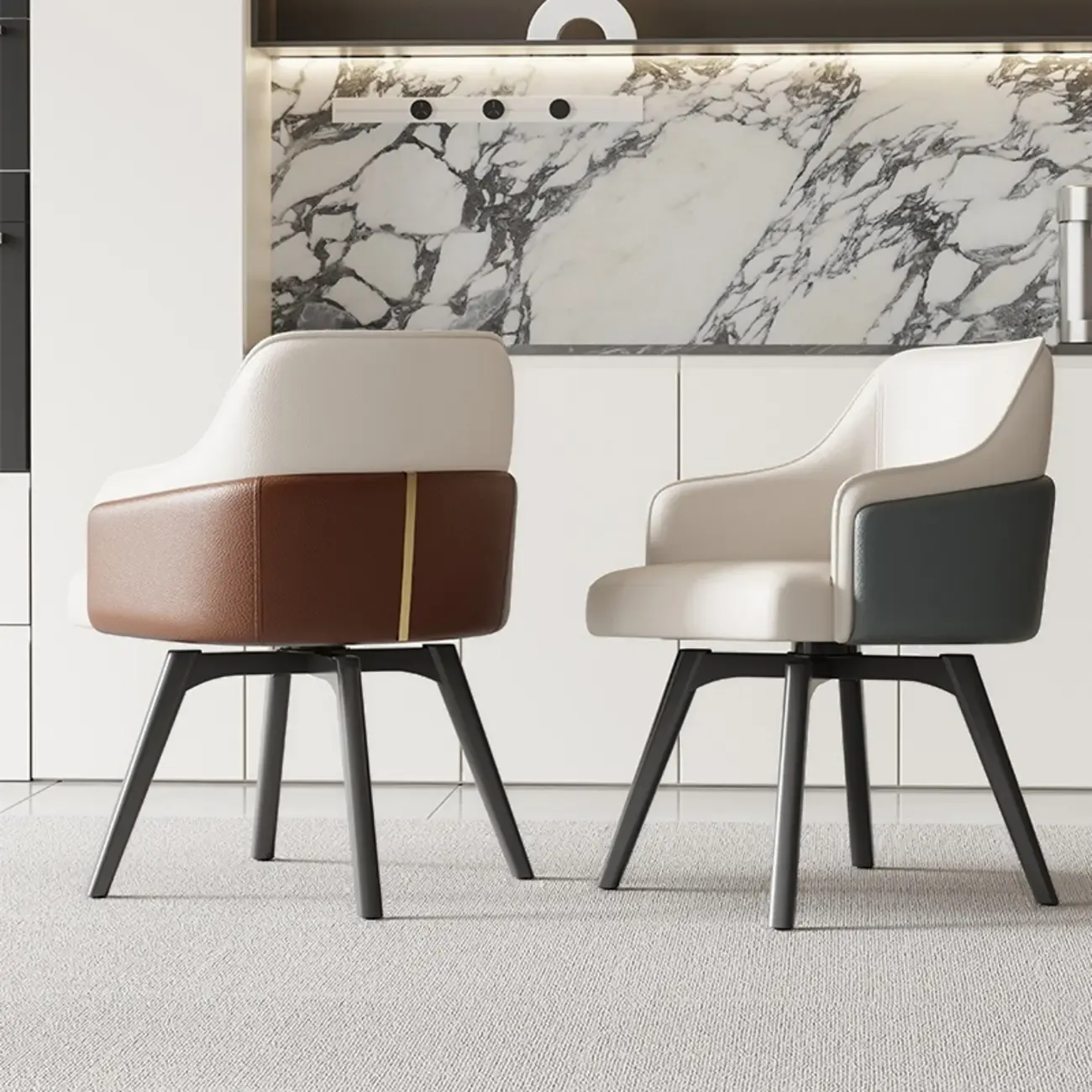 Modern Faux Leather Swivel Arm Dining Chair with Solid Back