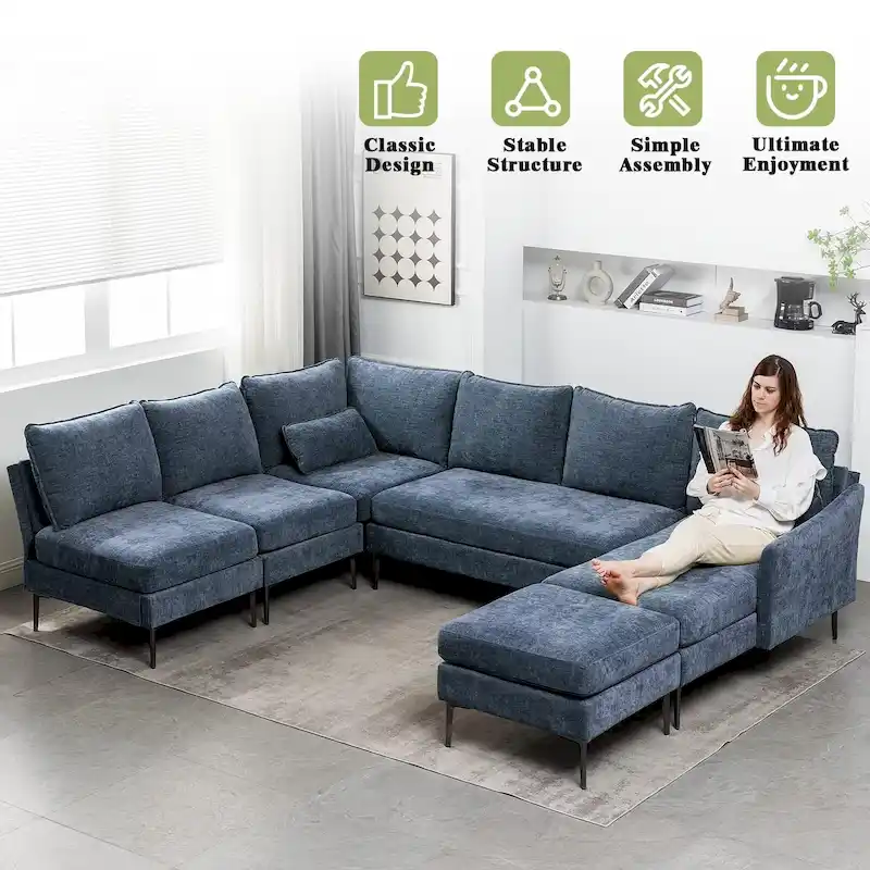 EROMMY U Shaped 6-seat Sectional Sofa Couch, Reversible Sleeper in Modern Chenille Design, with Chaise Lounge and Ottoman