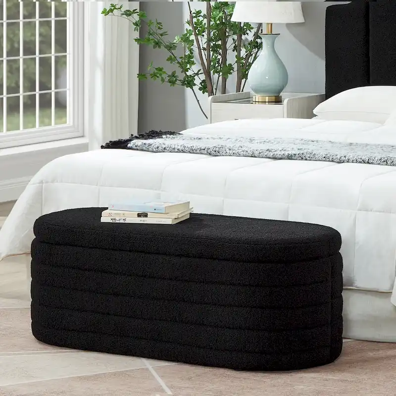 Oval Storage Ottoman Bench – Black / Orange / White / Dark Green / Cream, Teddy Fabric, Single