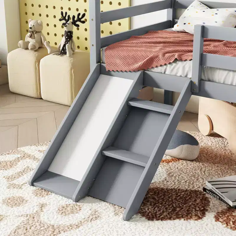 Whisen 81.7L x 67.6W Twin Low Loft House Bed with Slide, Ladder, Safety Guardrails, House Roof Frame