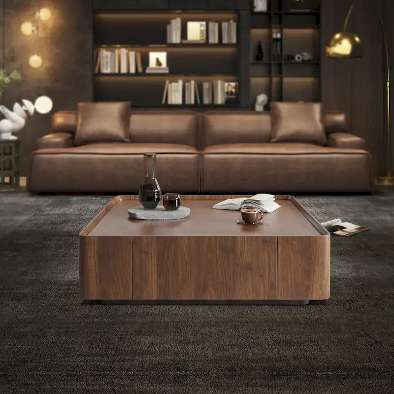 Mid-Century Modern Suqare Wood Finish Coffee Table with Drawers