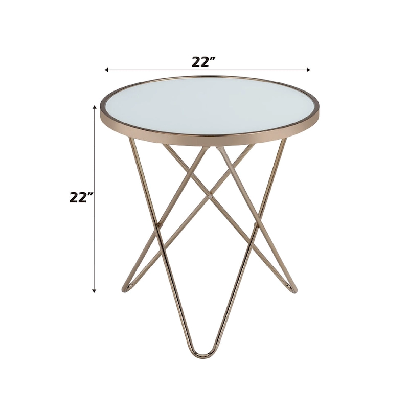 Frosted Glass Top & Champagne Finish Round End Table, with V-shaped Metal Base