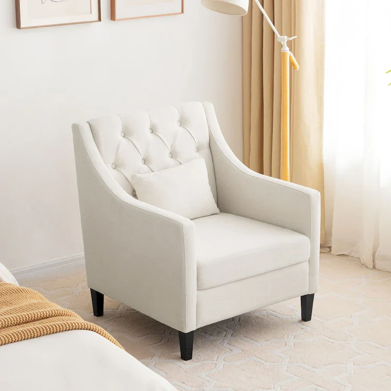 Beige Upholstered Tufted Accent Chair with Lumbar Pillow