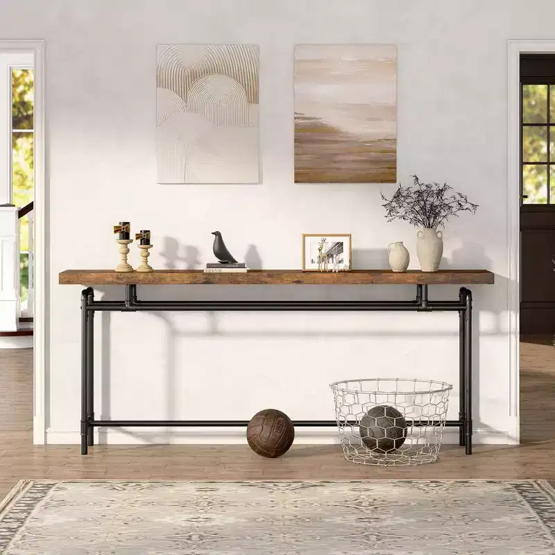 LITTLE TREE 70.9" Industrial Extra Long Console Sofa Table Brown/Black