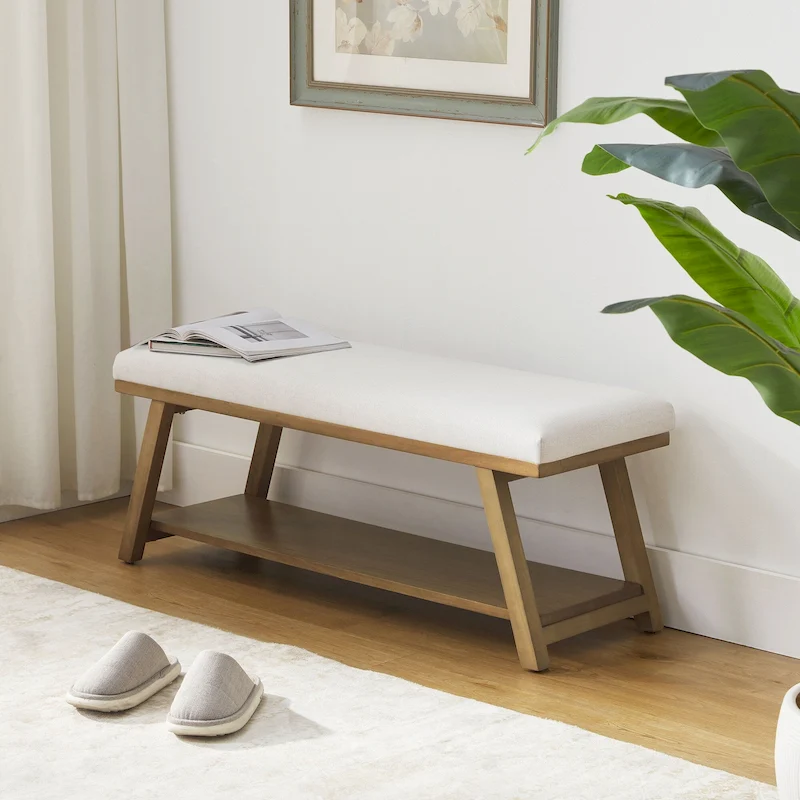 Solid Wood Shoe Bench with Cushion Entryway Shoe Bench