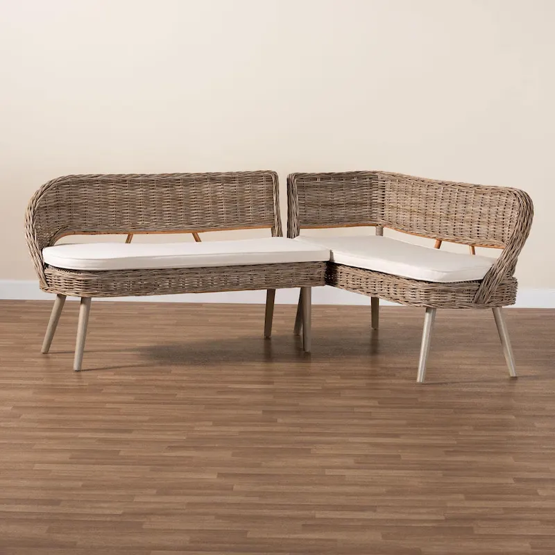 Raisa Modern Bohemian Natural Kubu Rattan and Acacia Wood 2-Piece Dining Nook Banquette Set