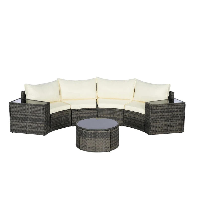 7-Piece Half-Moon Sectional Sofa Set with Glass Table