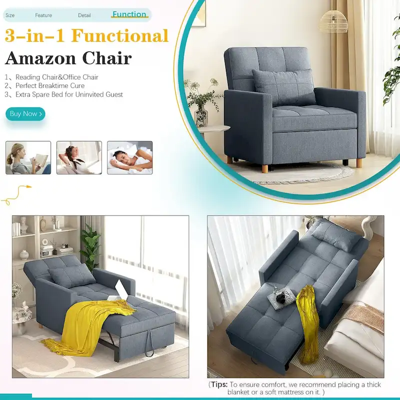 AECOJOY 3 in 1 Sleeper Sofa Chair w/ Pillow &Convertible Backrest