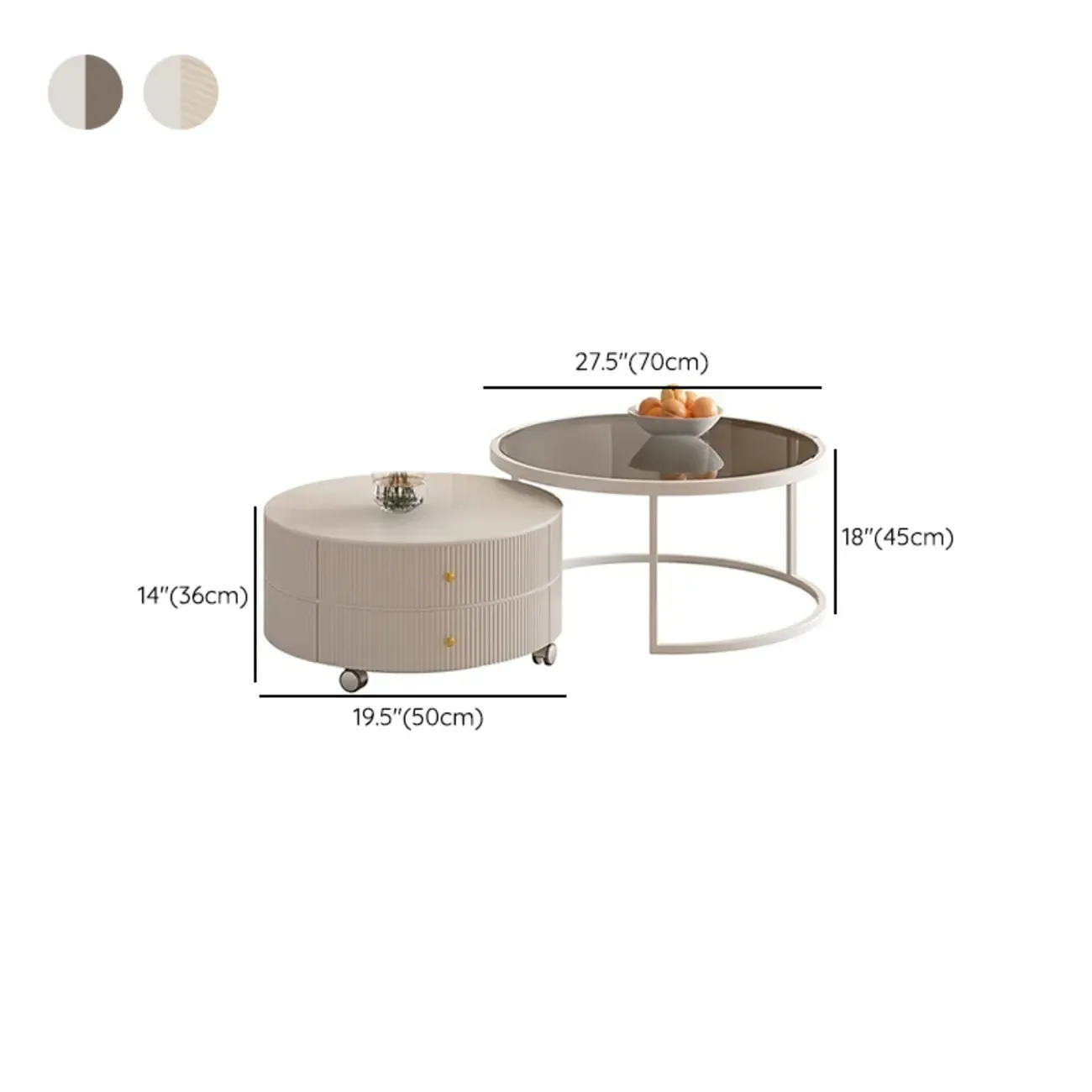 White Round Wheeled Round Wood Drawer Coffee Table