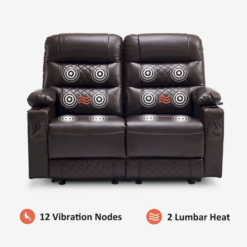Power Recliner Loveseat, Saddle/Dark Brown/Light Grey, Heat & Massage, Seats 2