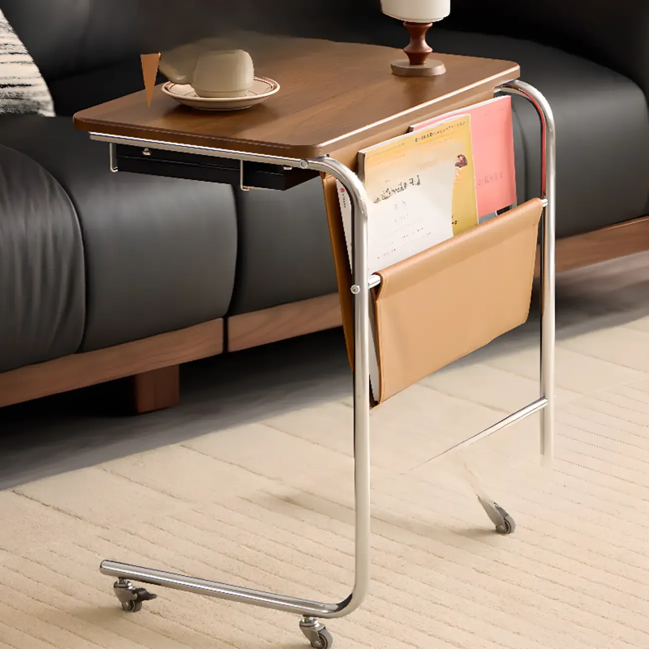 Wheeled Minimalist Wood Top Metal C-shaped Side Table