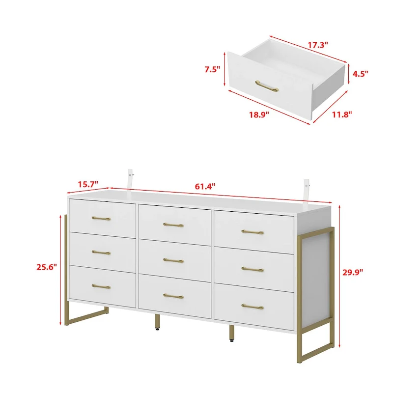 61.4 W Modern Black Dresser with 9 Spacious Drawers - Gold Handles