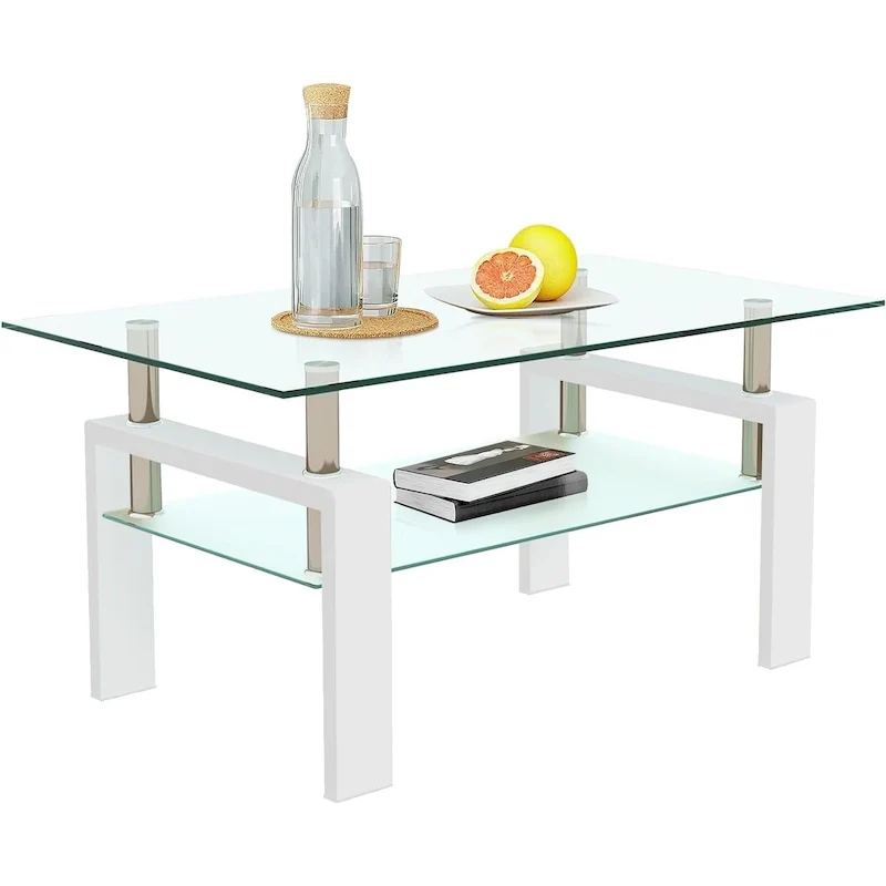 Rectangle Coffee Table Glass Tabletop with Lower Shelf