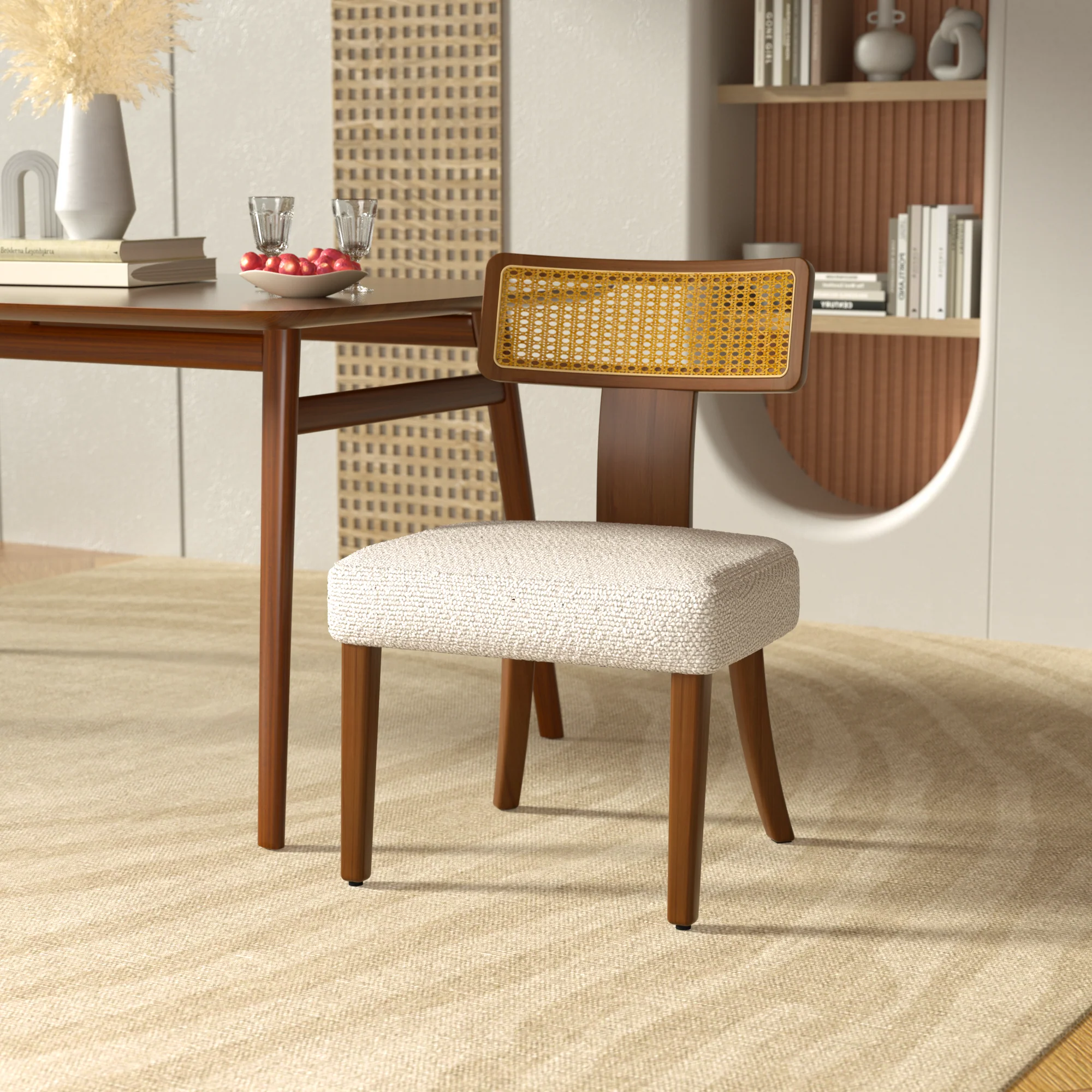 Wood and Rattan Mid Century Modern Dining Chairs Set of 2