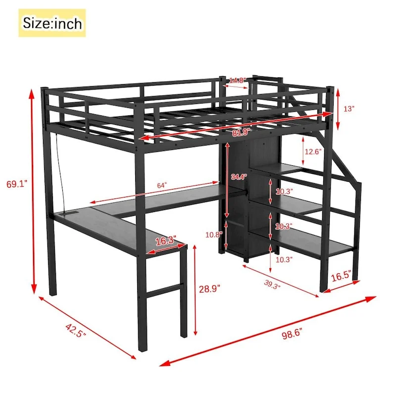 Metal Loft Bed with L-Shaped Desk and USB