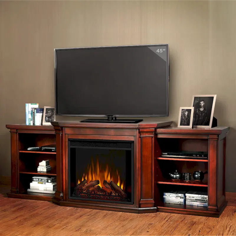 Valmont 74.25 Electric TV Stand Fireplace in Dark Mahogany by Real Flame - 75.5 W x 21.5 D x 27.7 H