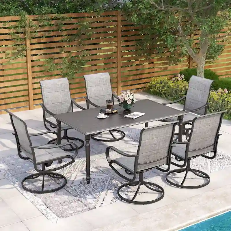 MAISON ARTS 7-piece Metal Rectangle Patio Outdoor Dining Set with Slat Table and Textilene Swivel Chairs