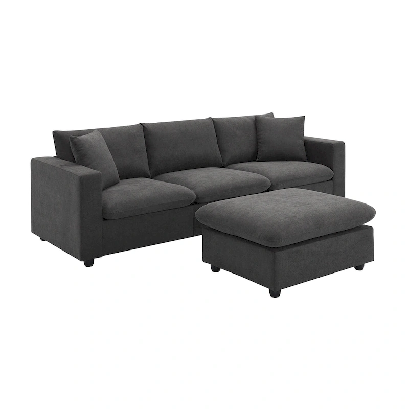 4-Seat Polyester L-Shaped Sectional Sofa with Convertible Ottoman
