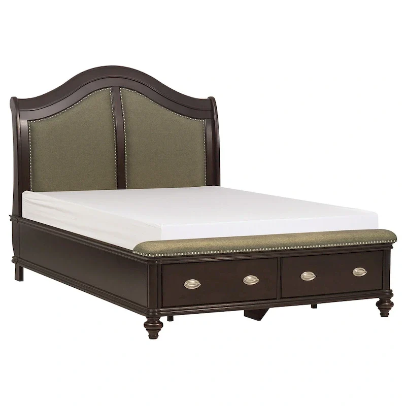 Stoe Queen Sleigh Bed, Padded Headboard, Storage Footboard, Brown Wood