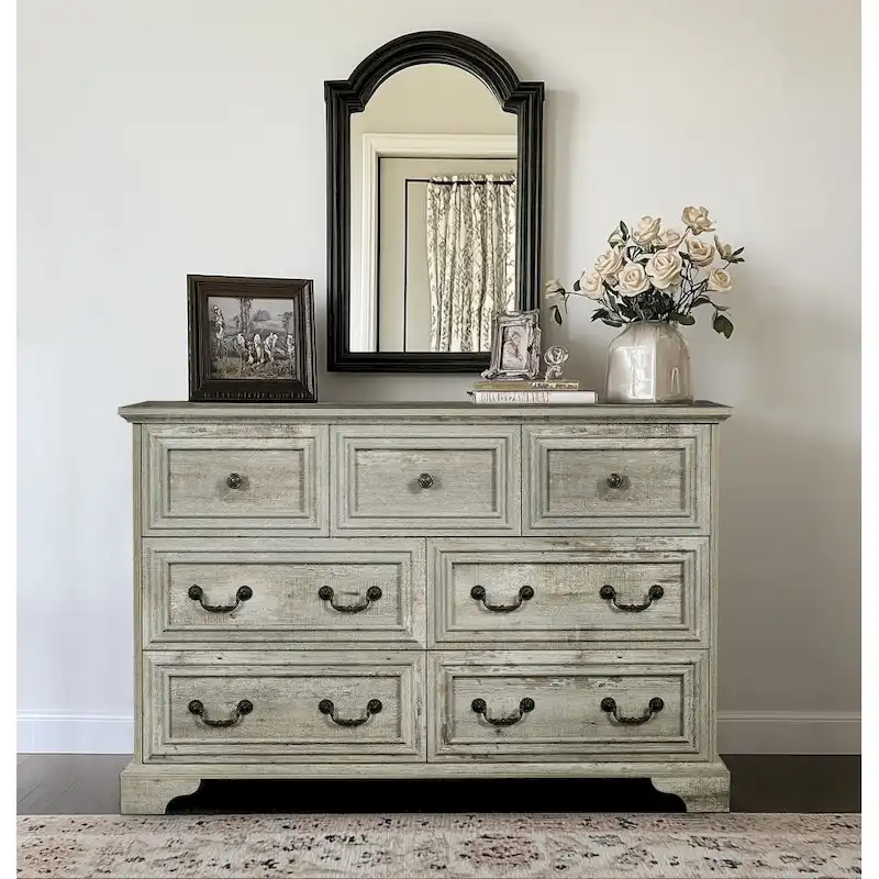 7-Drawer Dresser - White Wood Grain, Farmhouse Style, Metal Slides, Embossed Texture, Vintage