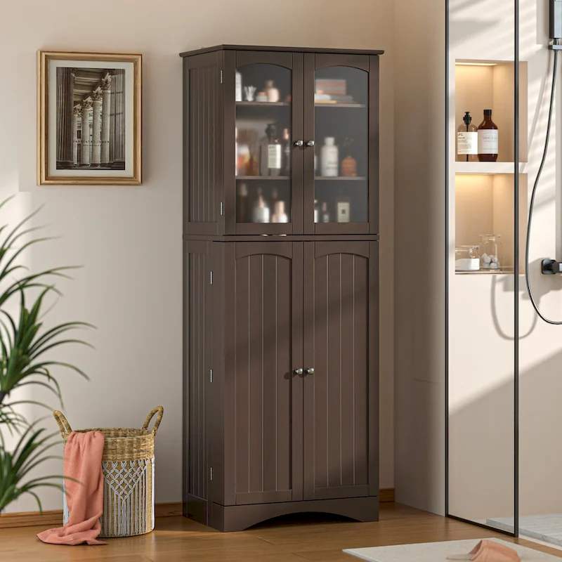 64 Kitchen Pantry Cabinet, Tall Storage Cabinet with Glass Doors and Adjustable Shelves