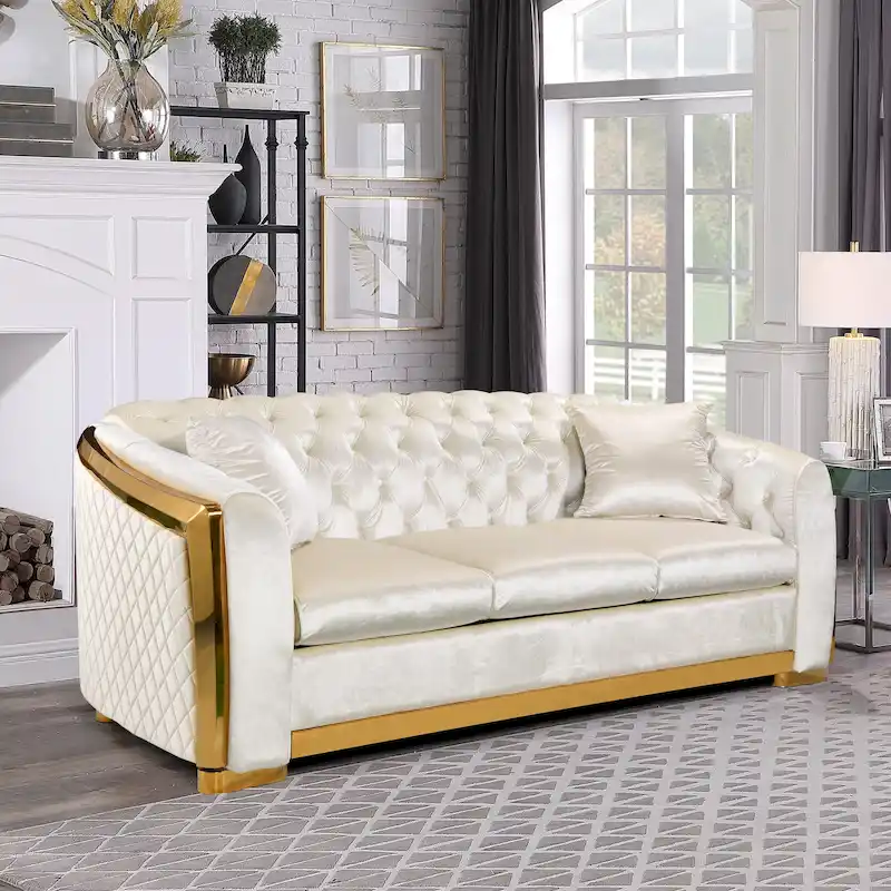 84 Luxury Chesterfield Velvet Sofa with Gold Trim