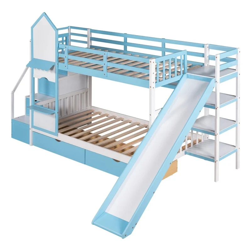 Twin-Over-Twin Castle Style Bunk Bed with Drawers,Shelves,Slide