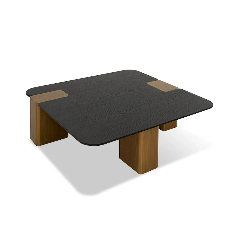 Modern Square Coffee Table - Black Oak Veneer, Brushed Gold Legs, 3-Leg Design, 65 lbs Capacity