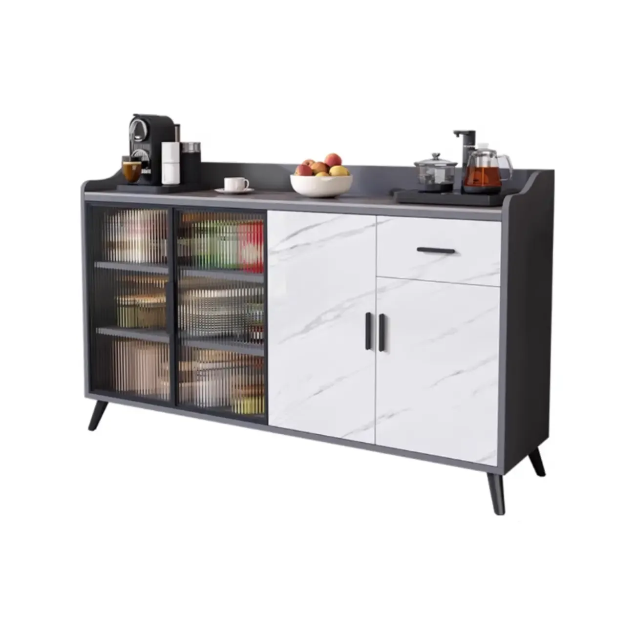 Modish Multi-Compartment Stone-Top Wood Buffet Cabinet